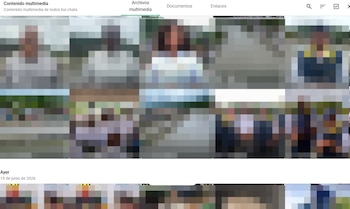 Captura de pantalla de una interfaz de usuario que muestra una galería de fotos con múltiples imágenes fuertemente pixeladas dispuestas en una cuadrícula
