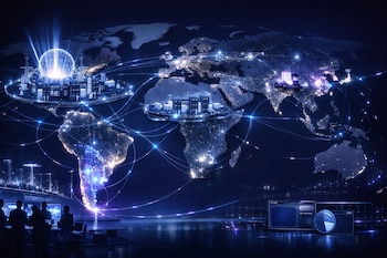 Mapa mundial iluminado con líneas de conexión y nodos de luz, rodeado de edificios futuristas, con personas observando pantallas de computadora