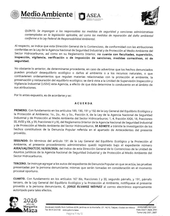 La Agencia notificó la admisión de las denuncias presentadas por diversos incidentes ocurridos en la Refinería Olmeca, ubicada en Paraíso, Tabasco.