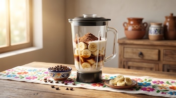 Licuadora de vidrio con plátano, leche, café y cacao, junto a un cuenco con granos de café y un plato con rodajas de fruta sobre una mesa.