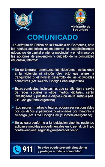 Imagen de un comunicado oficial de la Policía de Corrientes y el Ministerio de Seguridad, con escudos institucionales y texto sobre amenazas escolares