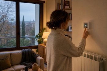 Una mujer de perfil pulsa un termostato digital en la pared que marca 21 grados junto a un radiador blanco y un gran ventanal.