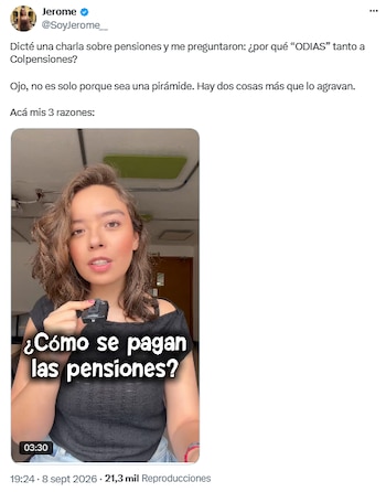 Jerome Sanabria cuestionó a Colpensiones y pidió un modelo basado en ahorro e inversión - crédito @SoyJerome__/X
