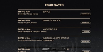 Captura de pantalla con la lista de fechas de un recorrido de conciertos, sedes, horarios y botones para adquirir boletos o recibir notificaciones