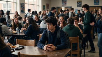 Un joven sentado a una mesa de madera sostiene una taza entre personas desenfocadas en una cafetería escolar.