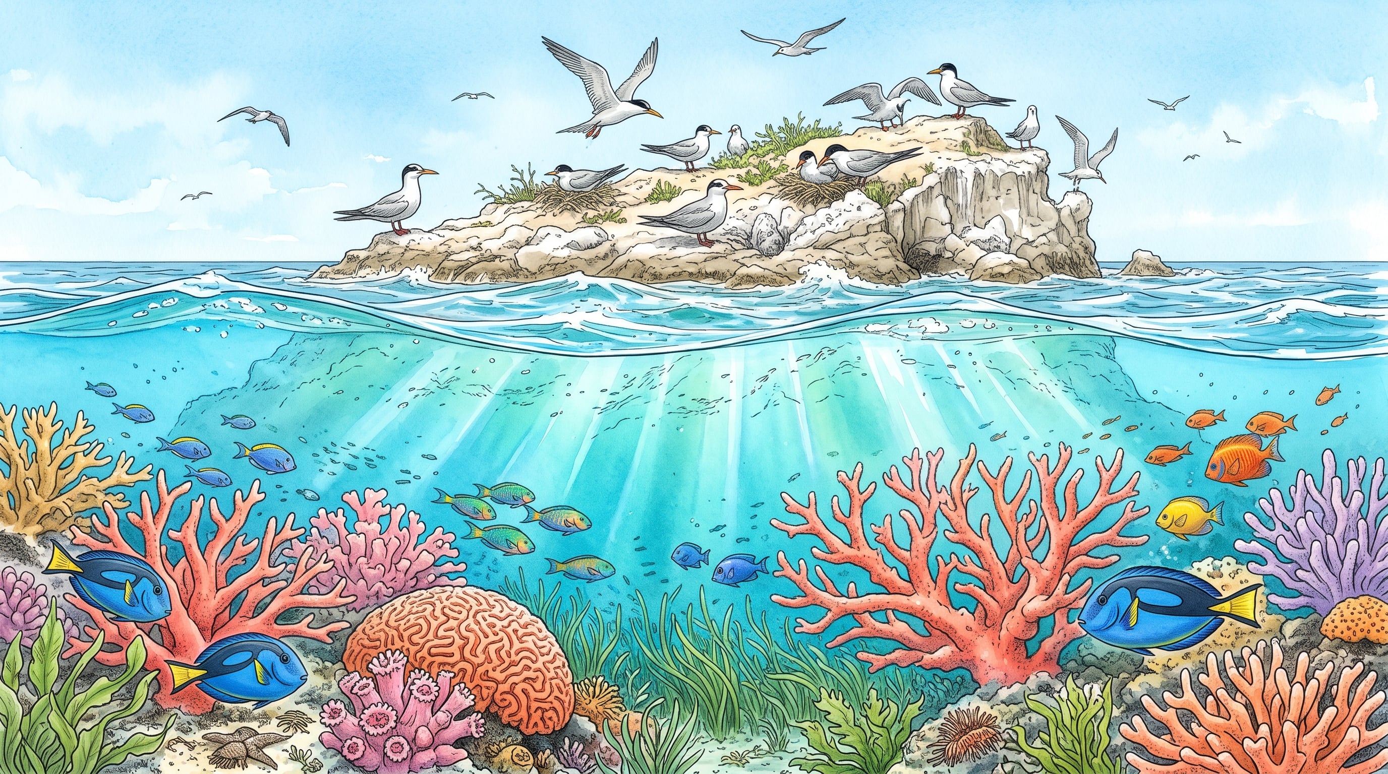 Un ecosistema costero reúne diversas especies de corales pétreos y peces bajo el agua, junto a aves marinas que anidan en un islote rocoso. (Imagen Ilustrativa Infobae)
