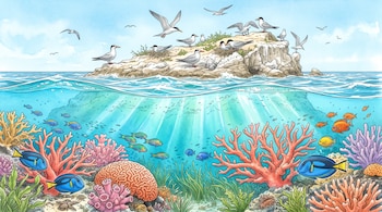 Ilustración de un islote rocoso con aves marinas en la superficie y un lecho marino con corales pétreos, algas y peces de colores