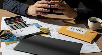 Escritorio con papeles financieros dispersos, varias tarjetas de crédito, calculadora con números rojos, sobre 401(k), taza de café y manos adultas en gesto de preocupación.