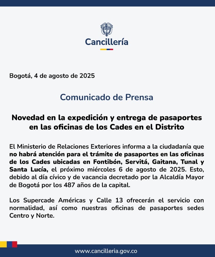 Los trámites estarán suspendidos en varias sedes del Distrito, mientras otras continuarán prestando el servicio con normalidad - crédito @CancilleriaCol / X