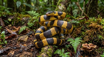 Serpiente con franjas amarillas y negras enrollada en una rama con musgo, helechos verdes y pequeños hongos.