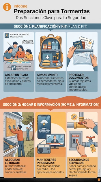 Infografía con seis ilustraciones sobre planes de evacuación, equipamiento de emergencia, protección de ventanas y cortes de servicios.