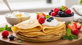 Primer plano de una pila de crepas doradas con yogur, frambuesas y arándanos frescos, junto a fresas, moras y hojas de menta en una tabla de madera.