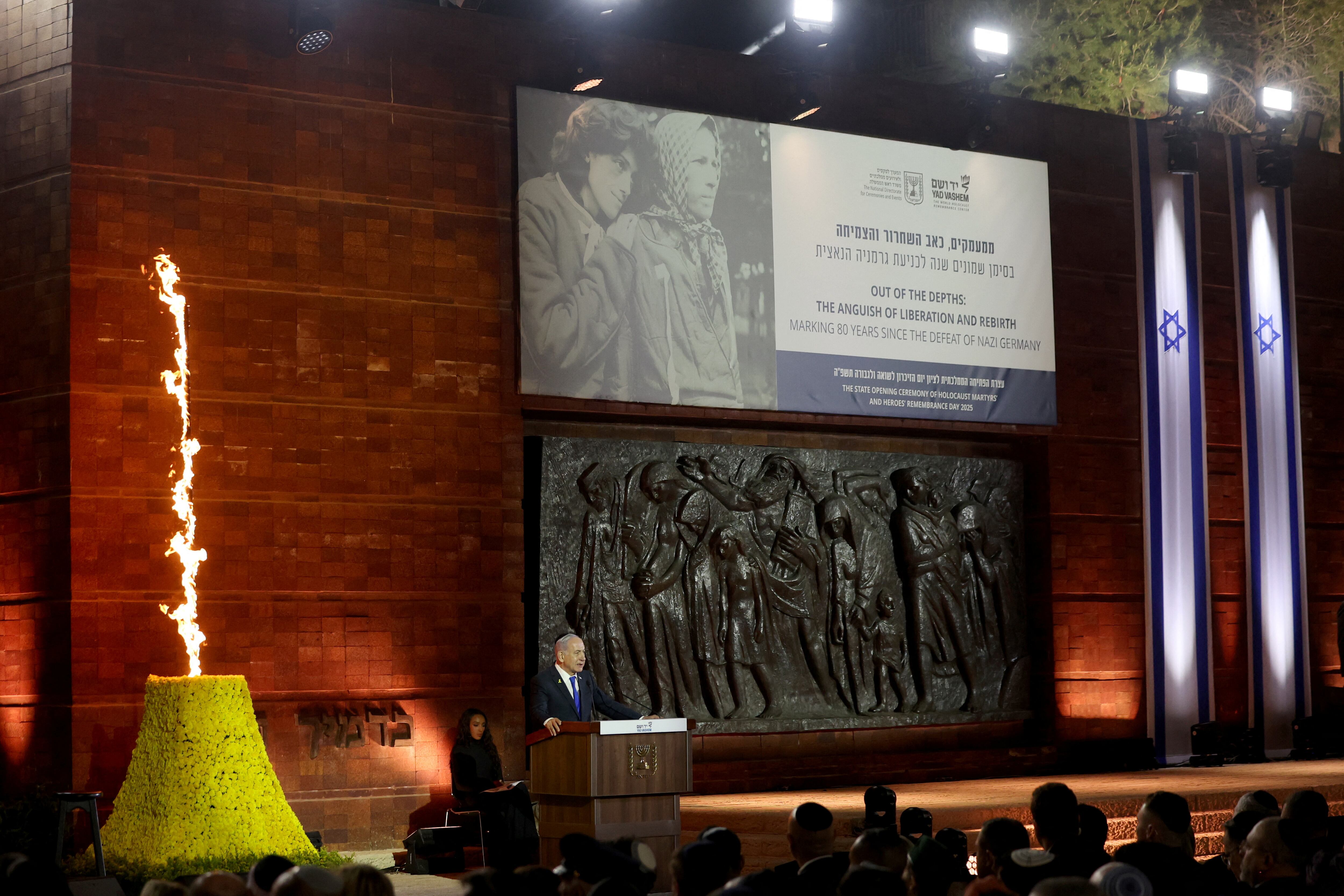 Netanyahu habló en el Día Nacional de Conmemoración del Holocausto en Jerusalén este 23 de abril de 2025 (REUTERS/Ronen Zvulun)
