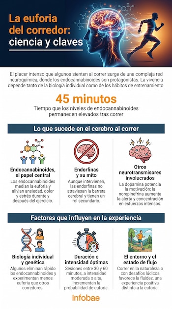 Infografía con cerebro brillante y silueta de corredor con energía. Muestra esquemas de moléculas, un cerebro tachado y elementos visuales de genética, cronómetro y naturaleza.