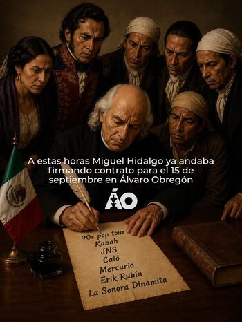Ilustración de Miguel Hidalgo firmando un pergamino con nombres de grupos musicales junto a una bandera mexicana y varias personas alrededor