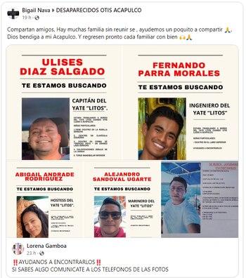 Fotografías de personas que desaparecieron en Acapulco cuando impactó el Huracán Otis