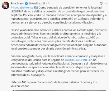 Ana Erazo anunció que tomarán acciones jurídicas contra los alcaldes que, mediante actos administrativos, han restringido arbitrariamente la movilidad y la protesta social - crédito @AnaErazoR/X