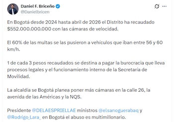 De acuerdo con Briceño, un tercio de lo recaudado se utiliza para gastos administrativos. Nuevos puntos de control se proyectan en la calle 26, la avenida de las Américas y la NQS - crédito Daniel Briceño/X