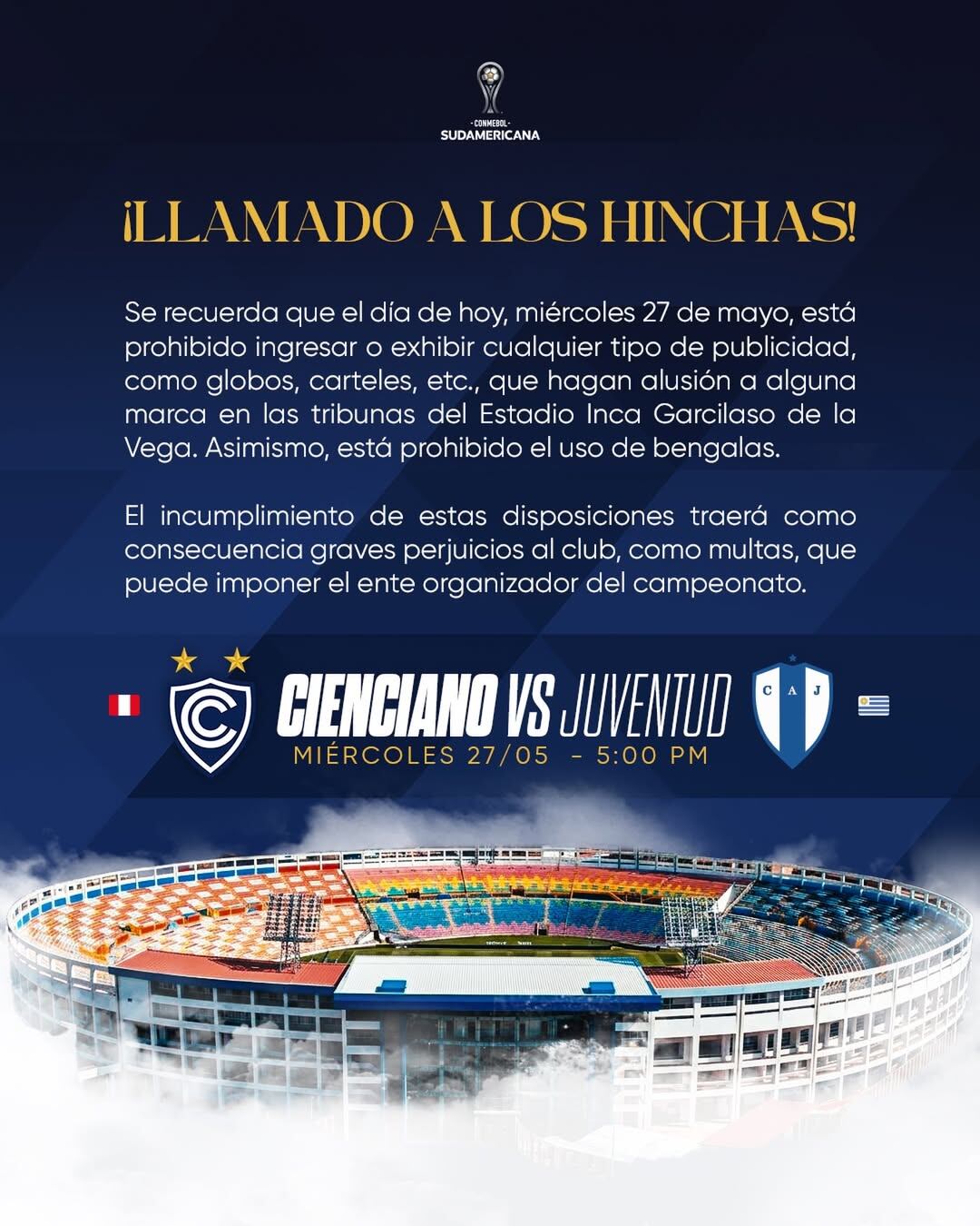 Cienciano emitió un mensaje en redes sociales para los aficionados que se darán cita en el Estadio Garcilaso de la Vega. Crédito: X Cienciano.