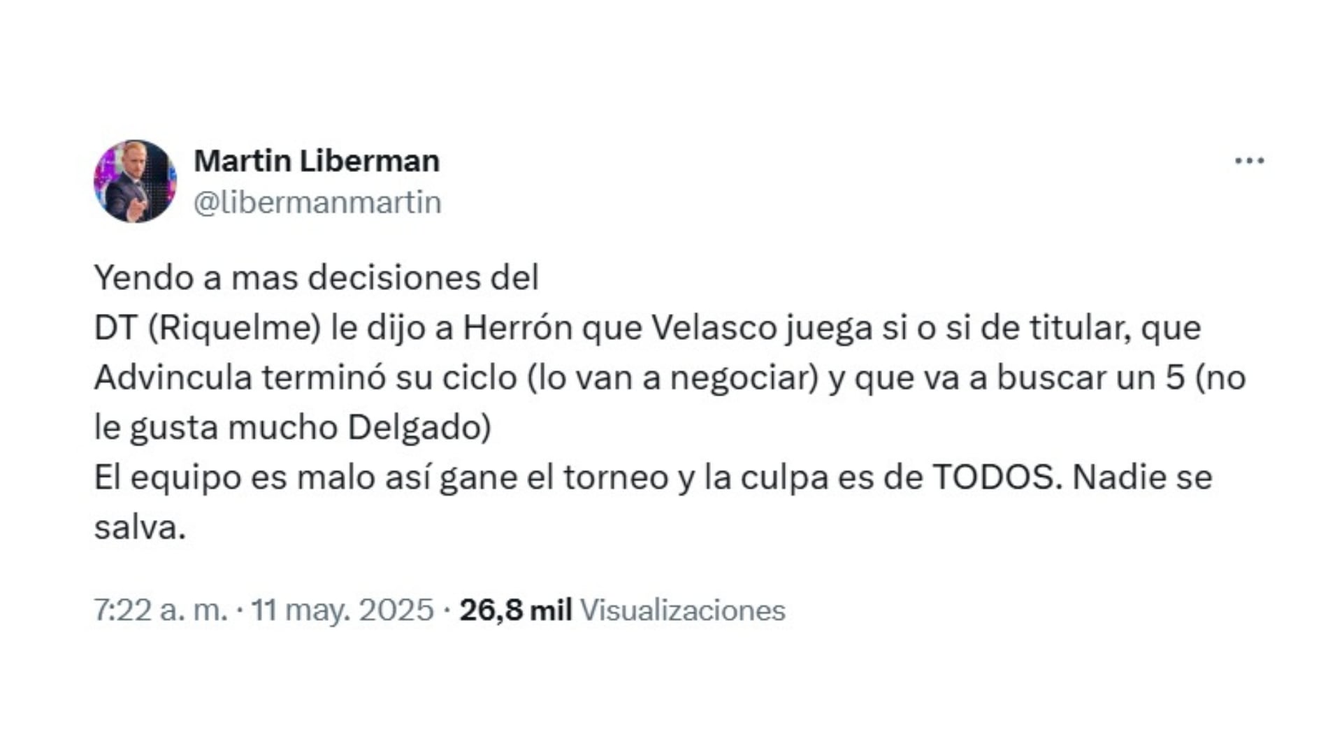 Información de Martín Liberman sobre la postura de Juan Román Riquelme acerca del futuro de Luis Advíncula.