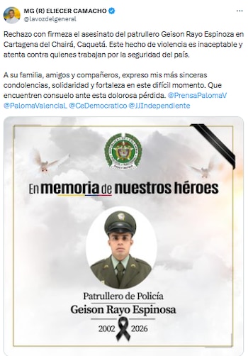 Jorge Eliecer Camacho rechazó crimen contra Geison Rayo Espinoza y pidió apoyo a la Fuerza Pública - crédito @lavozdelgeneral/X