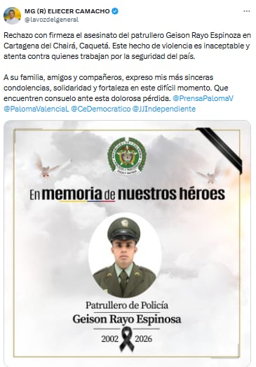 Jorge Eliecer Camacho rechazó crimen contra Geison Rayo Espinoza y pidió apoyo a la Fuerza Pública - crédito @lavozdelgeneral/X