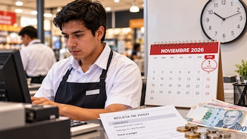 Un empleado en un mostrador junto a un calendario de noviembre, una boleta de pago, billetes y monedas de soles peruanos y un reloj de pared
