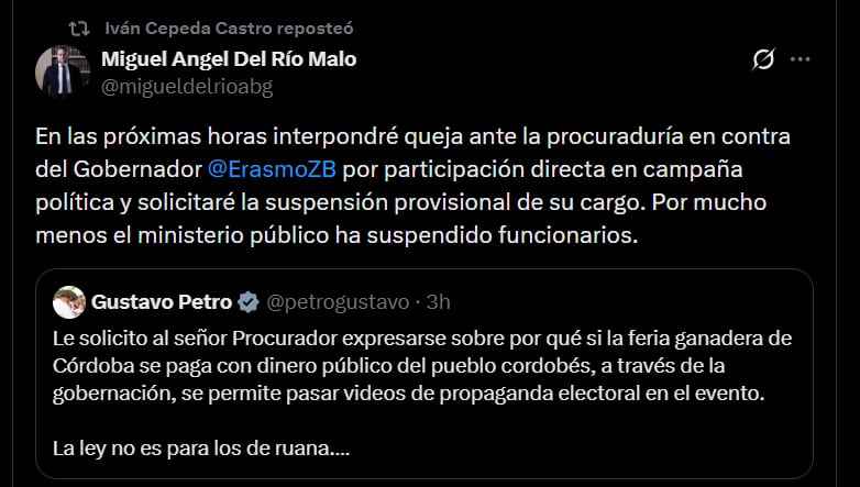 Miguel Ángel del Río pedirá la suspensión provisional del cargo de gobernador de Córdoba para Erasmo Zuleta por presunta participación en política - crédito @migueldelrioabg/X