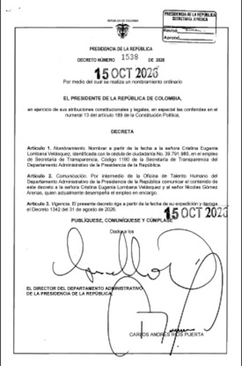 El Gobierno oficializó mediante un decreto el nombramiento de la exmagistrada Cristina Lombana como secretaria de Transparencia del Departamento Administrativo de la Presidencia de la República (Dapre) - crédito Presidencia de la República