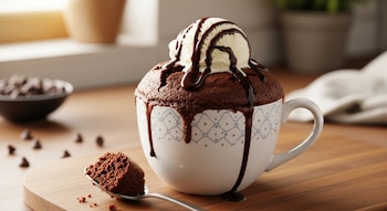 Bizcocho de chocolate en taza con helado de vainilla y sirope de chocolate. Se ve una cuchara con un trozo del bizcocho y chispas de chocolate sobre una tabla de madera.