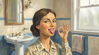 Pintura de una mujer con cabello oscuro y blusa estampada, sacando la lengua y haciendo un gesto de 'OK' en un baño con lavabo, espejo y azulejos.