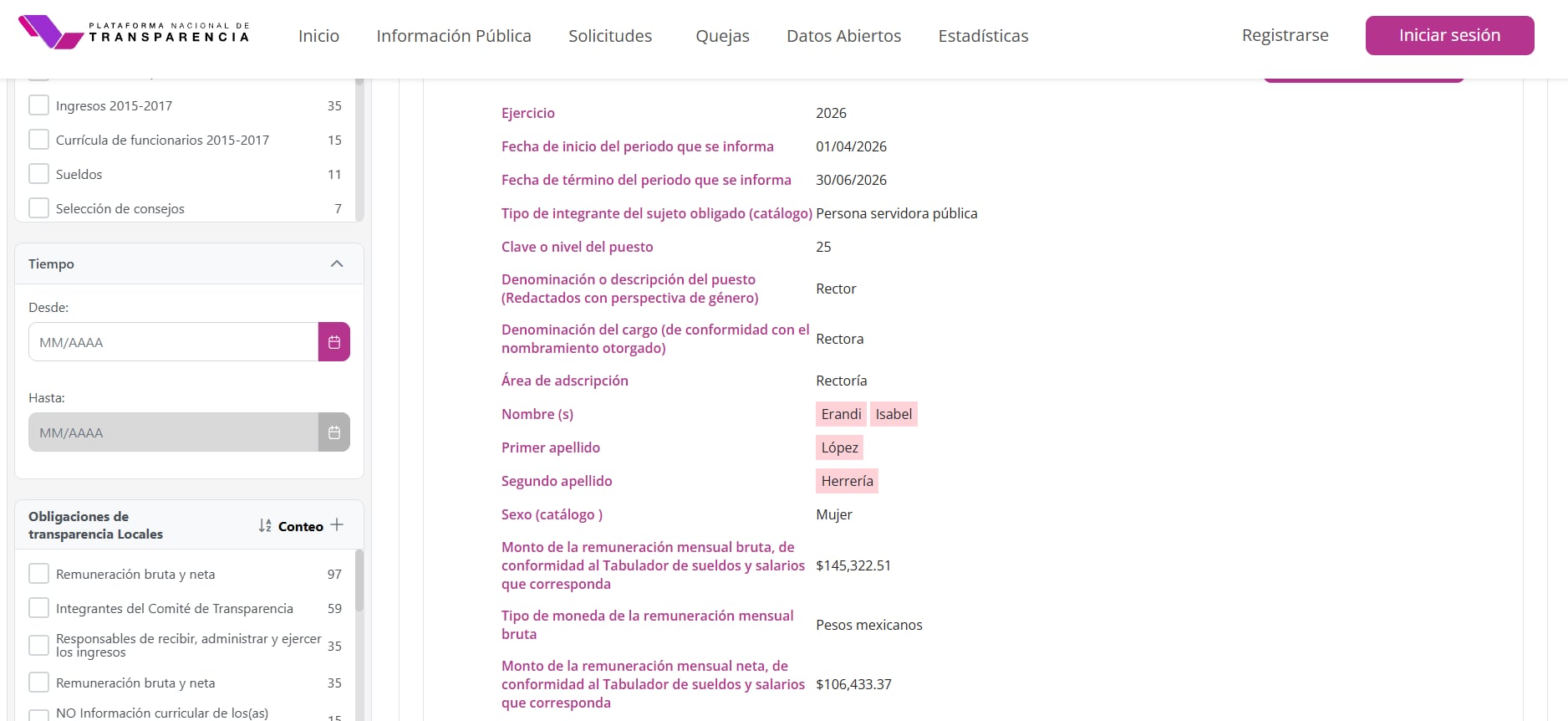 Erandi Isabel López Herrería recibe una remuneración de 145 mil 322.51 pesos, quien está al frente del Colegio de Veracruz.