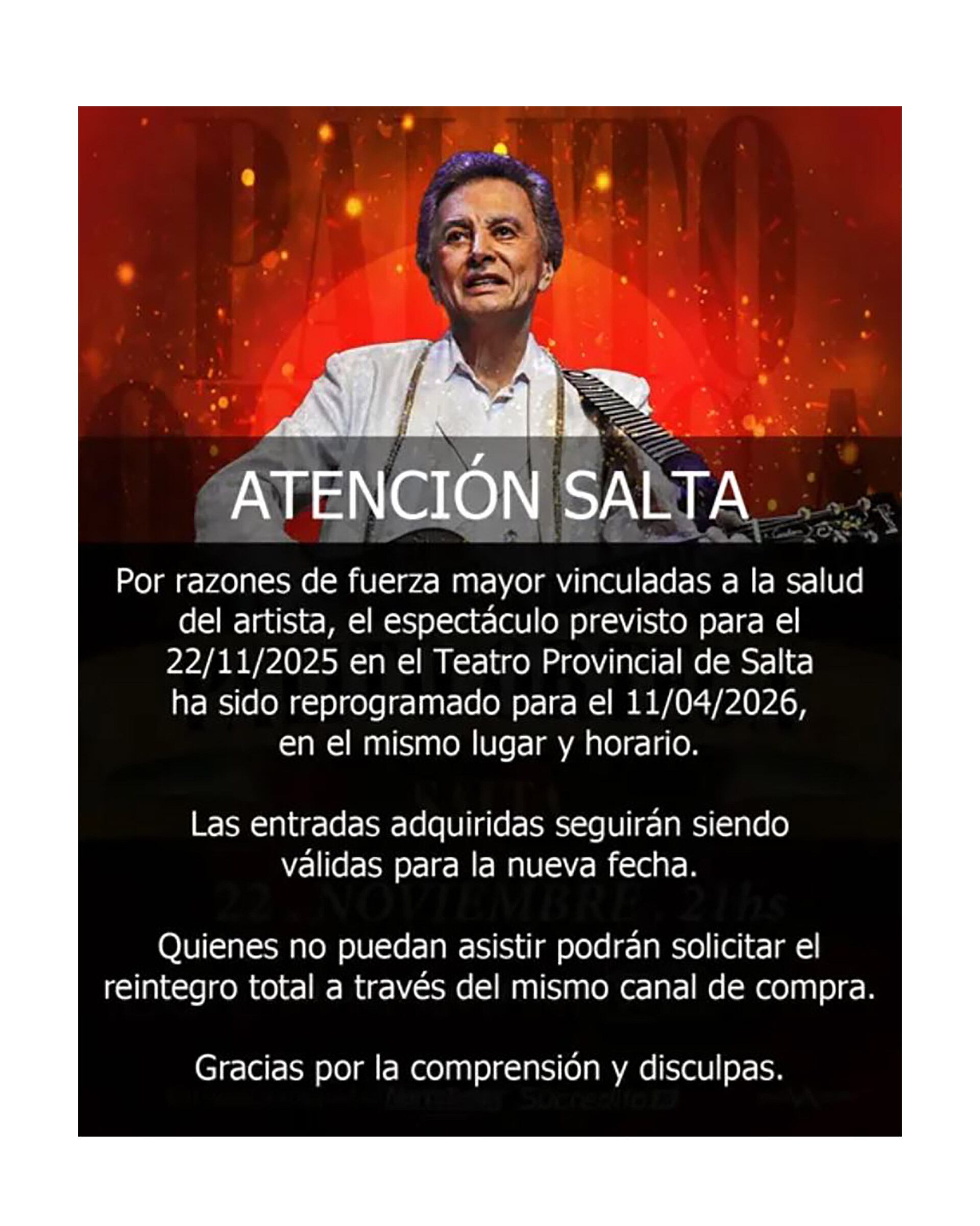 El anuncio de la suspensión del show de Salta y la nueva fecha el año próximo en el canal oficial de Palito Ortega