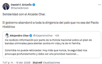 Daniel Briceño acusó al Gobierno de desproteger a líderes fuera del Pacto Histórico tras amenazas a Alejandro Char - crédito @Danielbricen/X