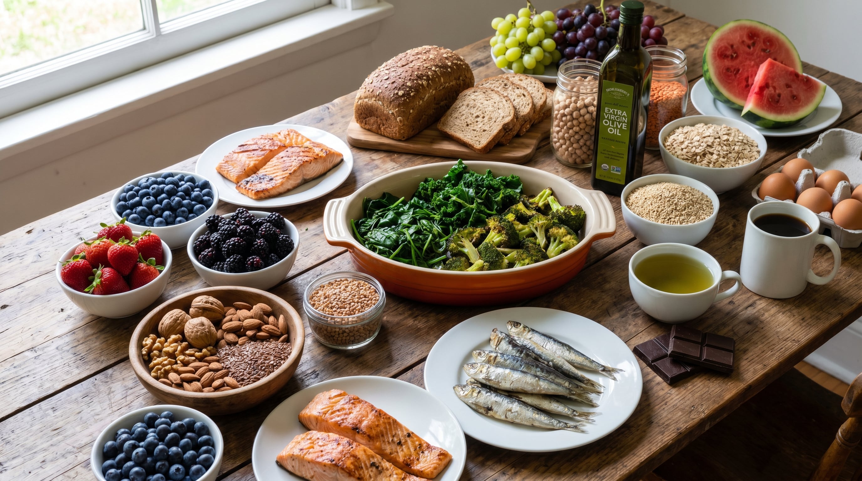 La ciencia avala que una alimentación variada y equilibrada con pescados ricos en omega-3, bayas, verduras de hoja verde, cereales integrales, frutos secos y aceite de oliva (Imagen ilustrativa Infobae)
