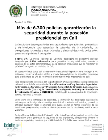 La Policía Nacional activó capacidades de inteligencia e investigación criminal para identificar, prevenir y anticipar riesgos durante la posesión presidencial - crédito prensa Policía Nacional
