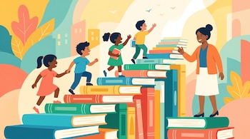 Ilustración de niños subiendo por escalones hechos con libros coloridos junto a una profesora que los guía.