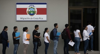 Vista lateral de un grupo de personas de pie en una fila diagonal frente a la entrada de la oficina de Migración de Costa Rica con su logo y escudo nacional.