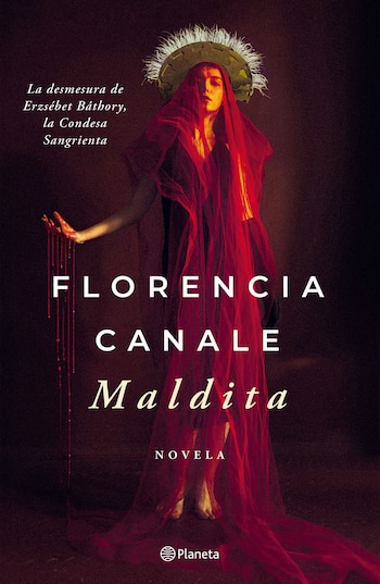 Portada del libro Maldita de Florencia Canale con una mujer cubierta por un velo rojo y una mano goteando líquido rojo sobre fondo oscuro
