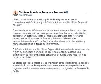 Tweet del presidente ucraniano sobre