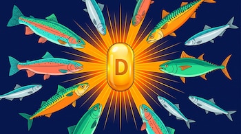 Ilustración digital de una cápsula dorada con una "D" central que emite luz, rodeada por doce peces de colores variados en un fondo azul oscuro.