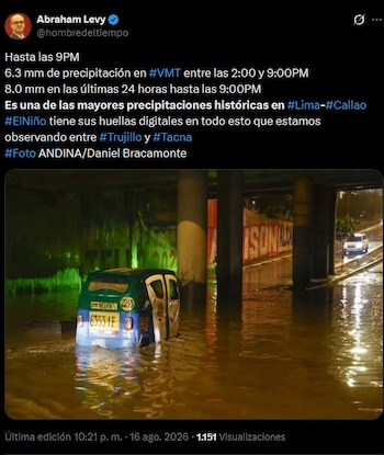Lima bajo la lluvia: Abraham Levy reporta una de las mayores precipitaciones históricas en la capital. Captura: X.