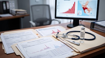 Carpetas abiertas con datos de seguimiento epidemiológico, un estetoscopio, un termómetro digital, un frasco de muestra y una pantalla con gráficos.
