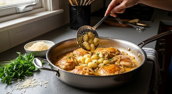 Una mano usa una espumadera para añadir ñoquis a una sartén con pollo, cebolla y salsa cremosa. Hay perejil, queso rallado y una ventana en el fondo.