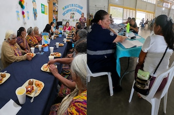 Dos fotografías juntas: a la izquierda, mujeres sentadas a la mesa comen; a la derecha, una mujer con uniforme escribe sobre una mesa.