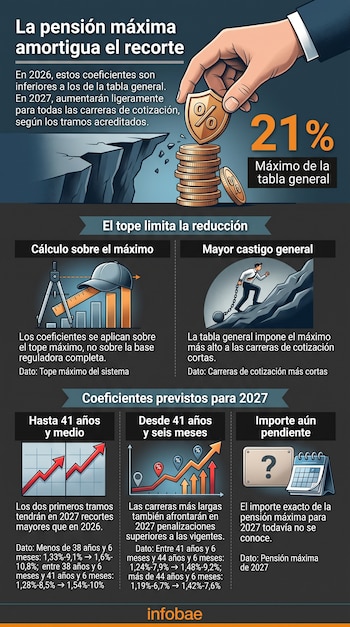 Infografía con datos sobre coeficientes de la pensión máxima, ilustraciones de monedas, un escudo con porcentaje, gráficos y calendario.