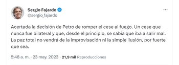 Reacciones al fallido cese al fuego de Petro con el Estado Mayor Central en Twitter.
