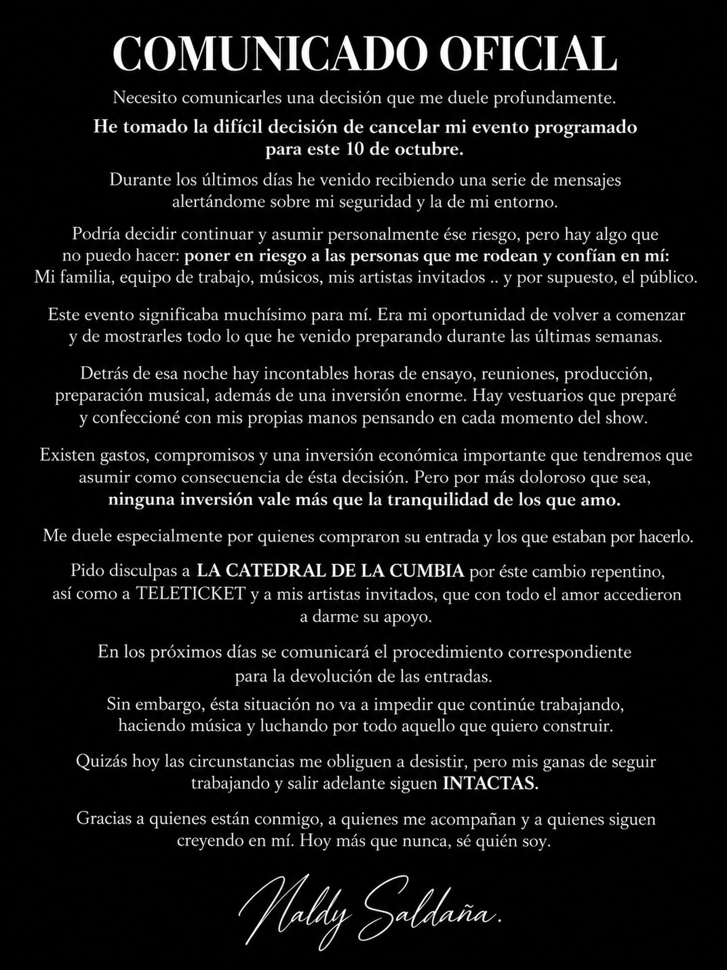 Naldy Saldaña canceló su primer concierto como solista, programado para el 10 de octubre, tras recibir mensajes que la alertaban sobre su seguridad y la de su entorno.