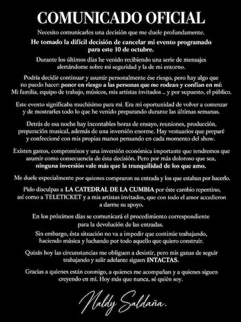 Naldy Saldaña canceló su primer concierto como solista, programado para el 10 de octubre, tras recibir mensajes que la alertaban sobre su seguridad y la de su entorno.