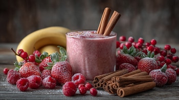 Licuado navideño, frutos rojos, plátano, canela, bebida festiva, smoothie cremoso. - (Imagen Ilustrativa Infobae)